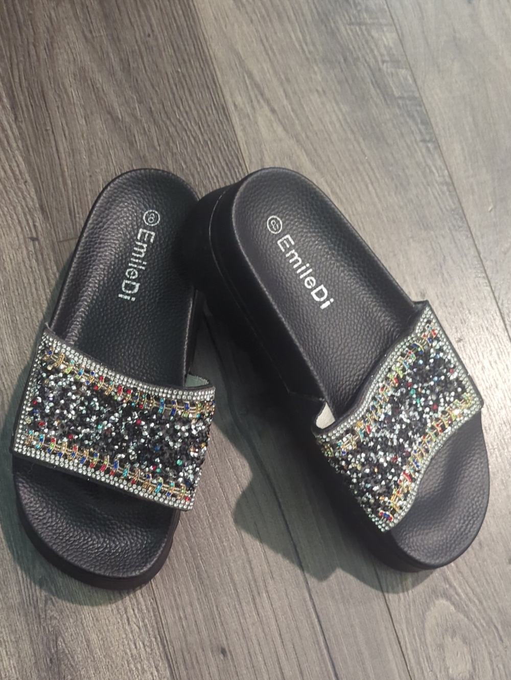EmileDi Black Crystal-Trim Slide Sandals NWOT